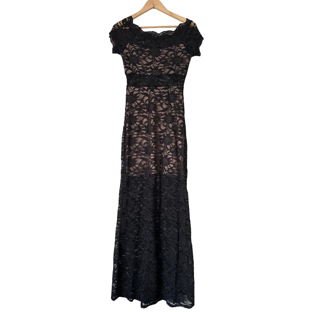 Morgan & Co💃 Black Lace Nude Lined Formal Maxi Dress Size 5/6 Evening Prom Gown